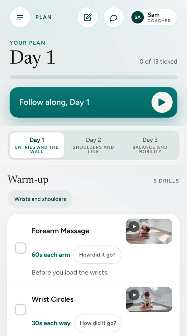 The Plan screen: three days, each drill with its demo clip and dose